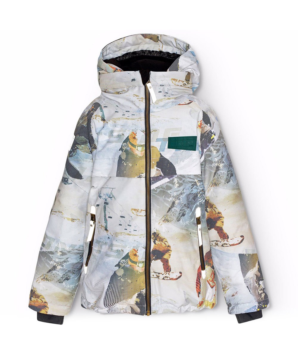 Castor - Spin 1260 - Wind- und wasserdichte Winterjacke für Kinder aus recyceltem Polyester mit einem Pixel-Druck eines coolen Snowboarders in den Alpen.