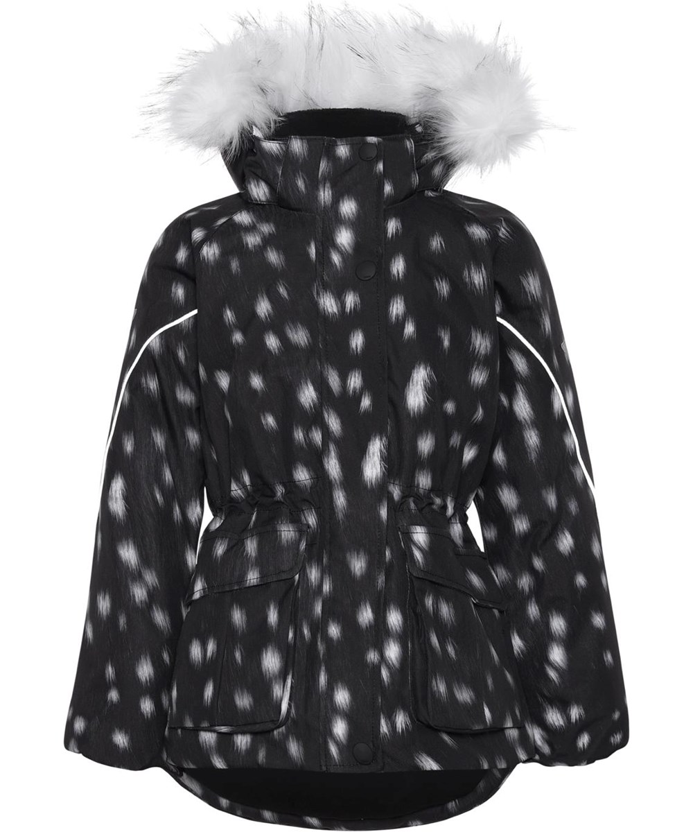 Cathy Fur - Black Fawn - Recycelte Winterjacke in Schwarz mit weißen Flecken