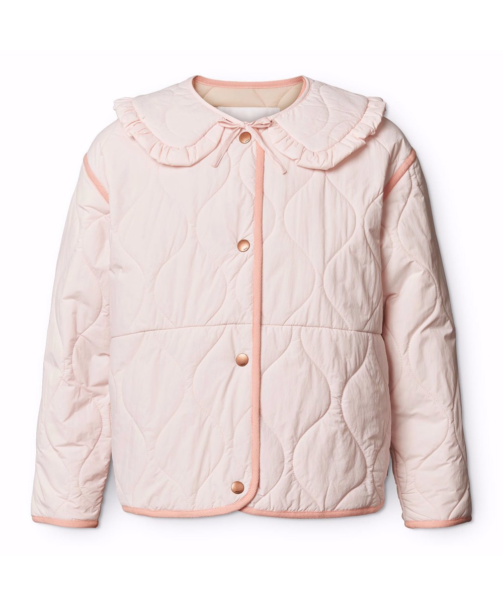 Hailey - Charlotte Pink - Rosa wasserabweisende Thermojacke für Kinder aus recyceltem Nylon mit Steppmuster und abnehmbarem Rüschenkragen.