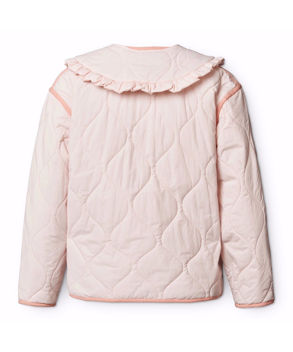 Hailey - Charlotte Pink - Rosa wasserabweisende Thermojacke für Kinder aus recyceltem Nylon mit Steppmuster und abnehmbarem Rüschenkragen.