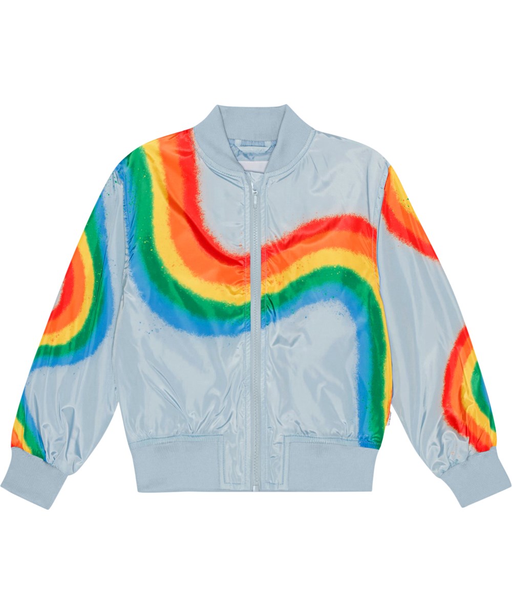 Haliva - Diagonal Rainbow - Hellblaue Bomberjacke für Kinder aus recyceltem Polyester mit Regenbogendruck.