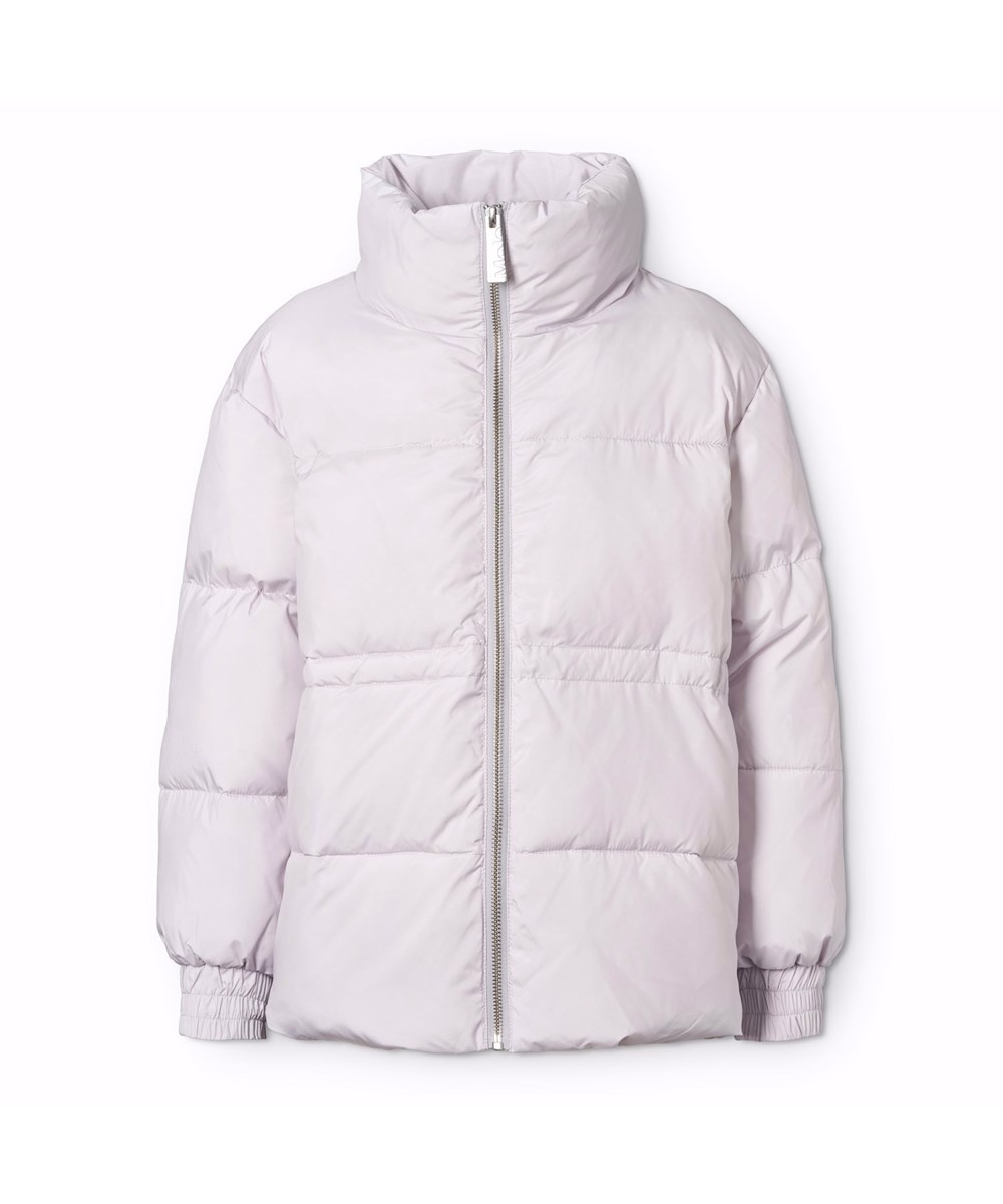 Hally - Lilac Marble - Wasserabweisende, hellfarbene Jacke für Kinder aus recyceltem Polyester mit einem weißen Pegasus auf der Rückseite.