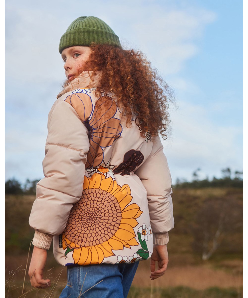 Hally - Retro Drawing - Rosa Pufferjacke mit Blumenprint auf dem Rücken