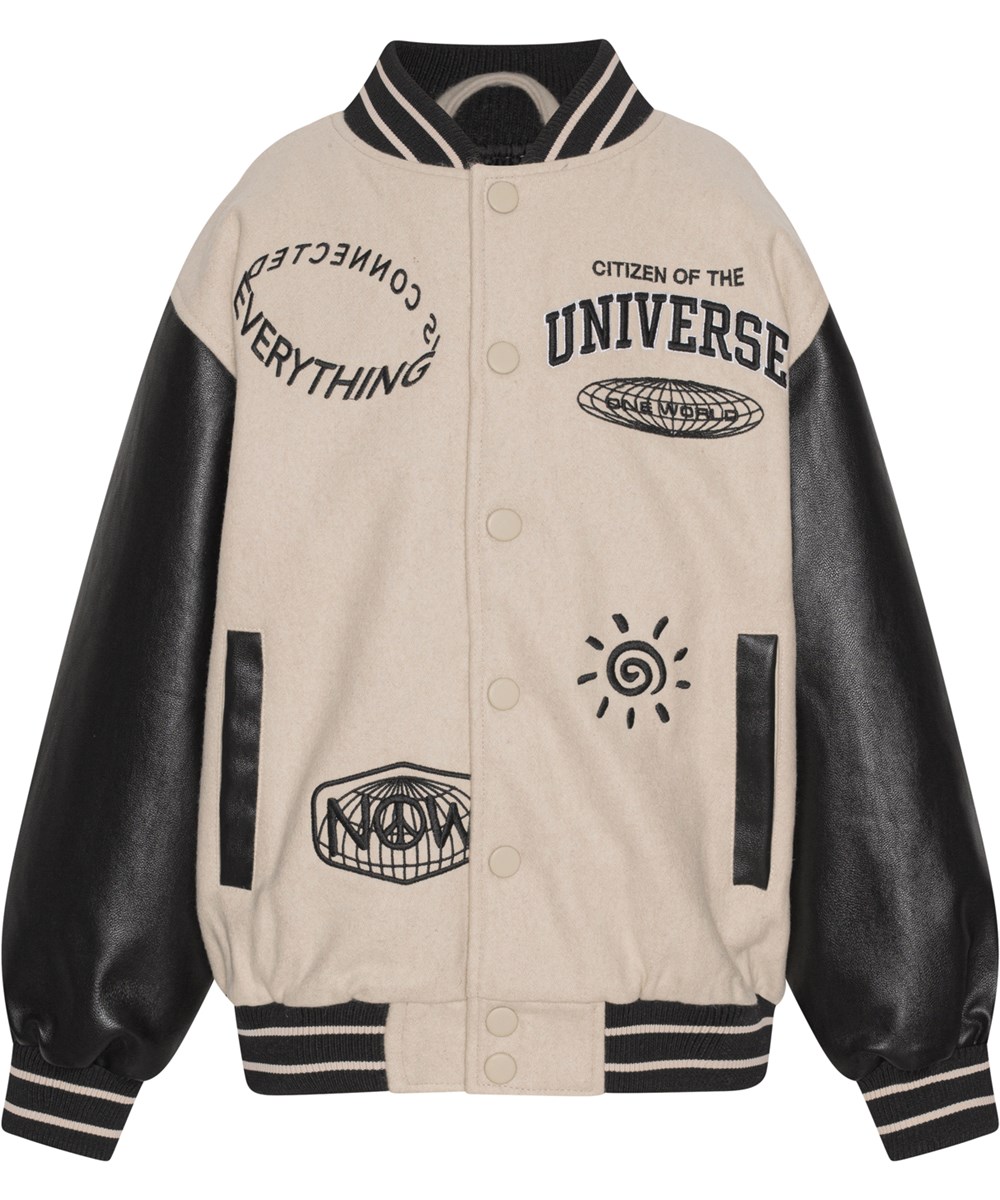 Hani - Sandy - Baseballjacke in Beige und Schwarz mit Peace-Stickerei