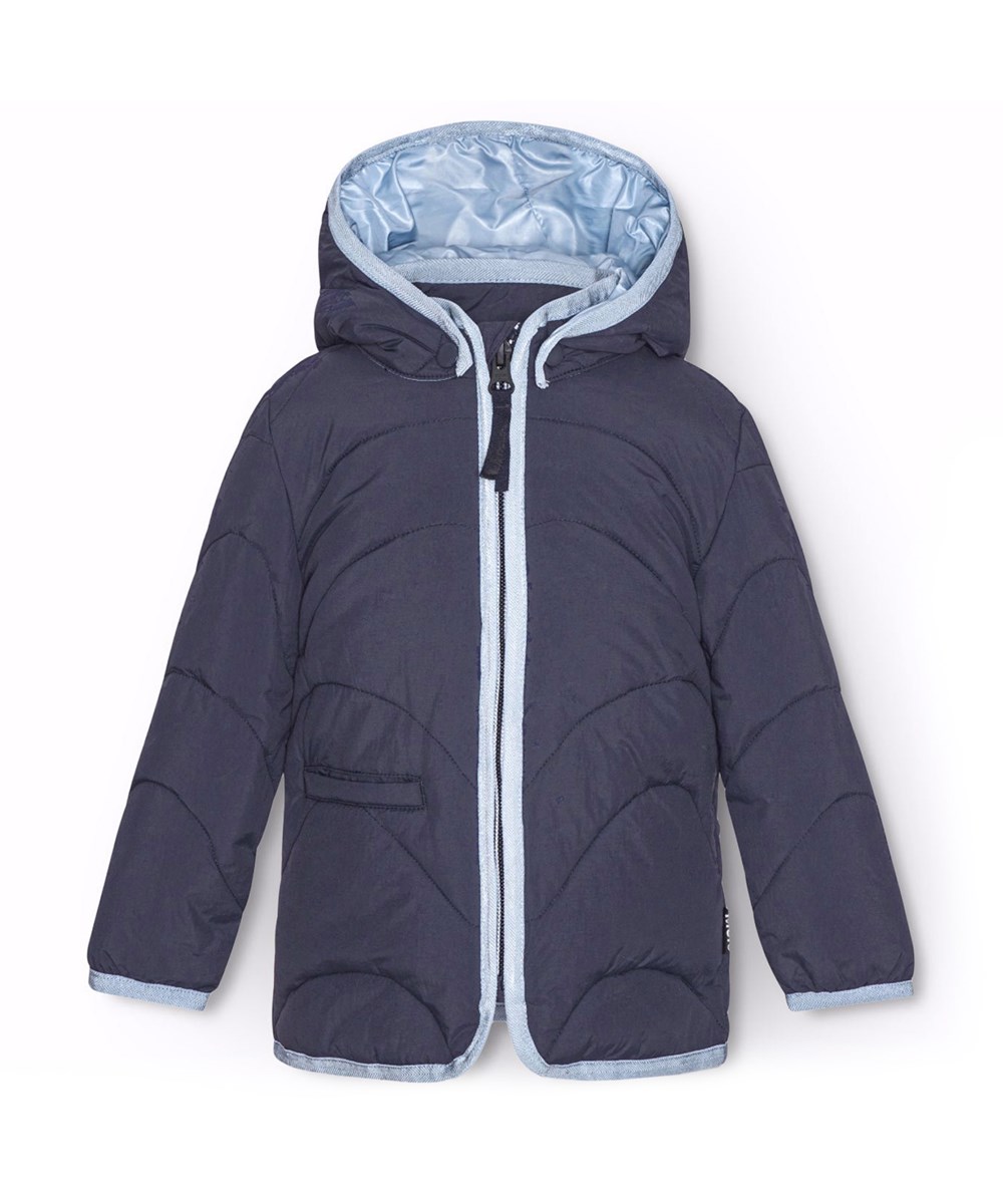 Harmony - Dark Night - Wasserabweisende dunkelblaue Steppjacke für Babys und Kleinkinder mit hellblauem Innenfutter und Besatz.