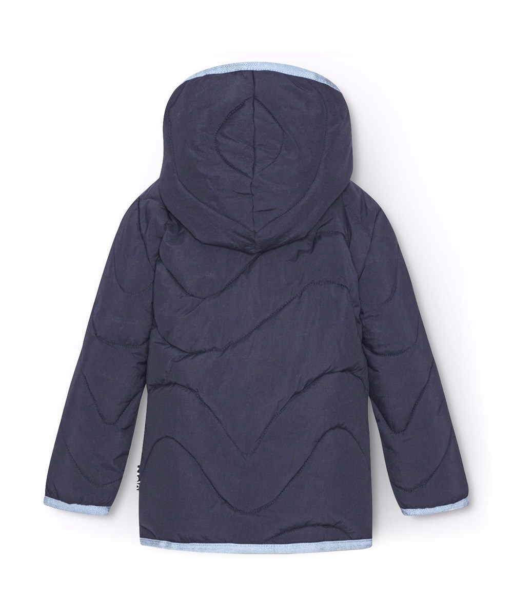 Harmony - Dark Night - Wasserabweisende dunkelblaue Steppjacke für Babys und Kleinkinder mit hellblauem Innenfutter und Besatz.