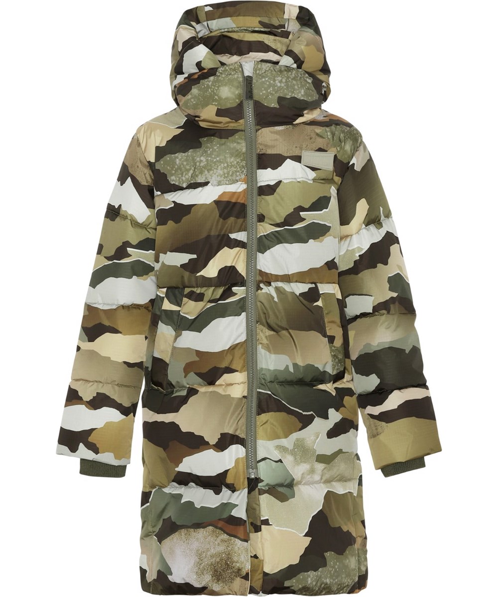 Harper - Autumn Camo - Recycelter warmer und langer Daunenmantel in Camouflage