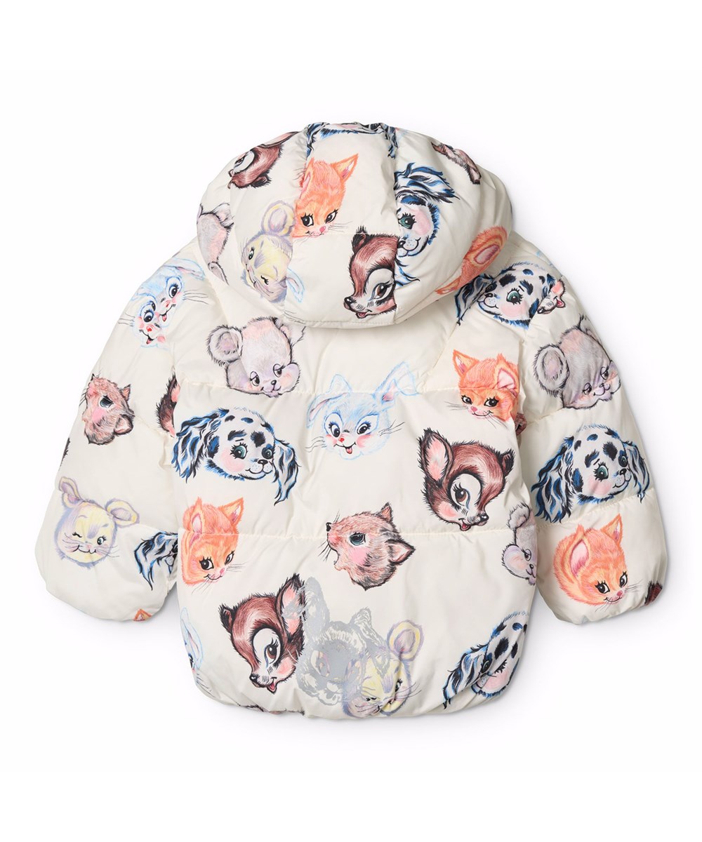 Harpo - Itty Bitty Vanilla - Off-White wasserabweisende Jacke für die Kleinen aus recyceltem Polyester mit einem Druck von bunten Tieren aus alten Cartoons und einer abnehmbaren Kapuze.