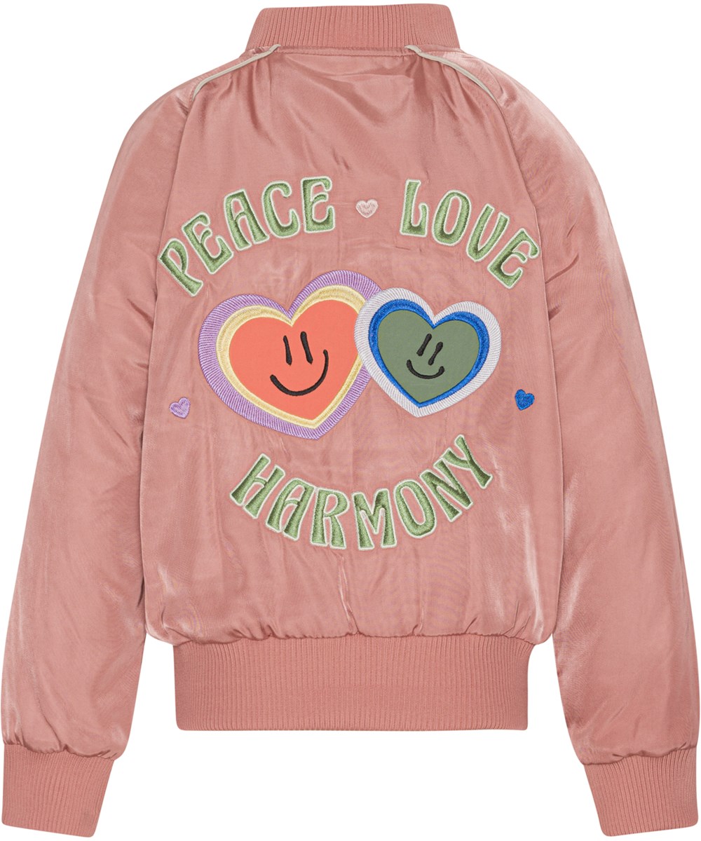 Hatty - Muted Rose - Rosafarbene Bomberjacke mit Peace-Love-Stickerei