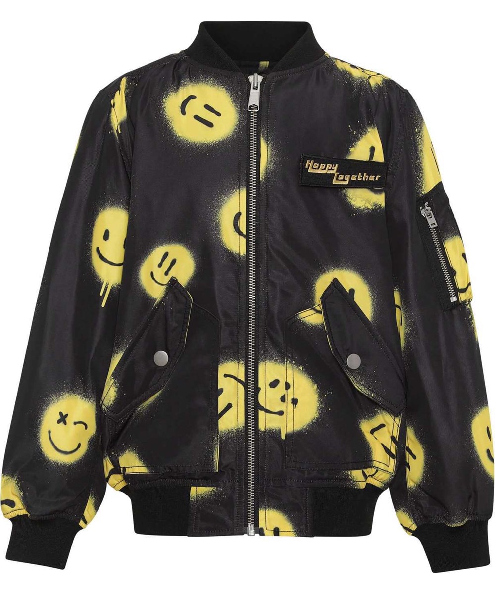 Heath - Happy! - Schwarze Bomberjacke mit gelben Smileys.