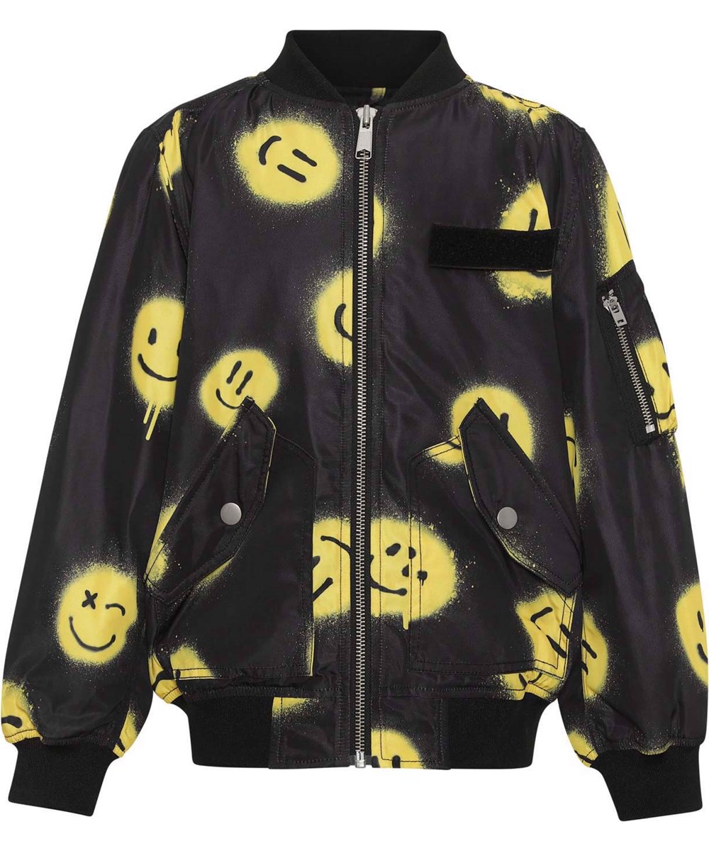 Heath - Happy! - Schwarze Bomberjacke mit gelben Smileys.