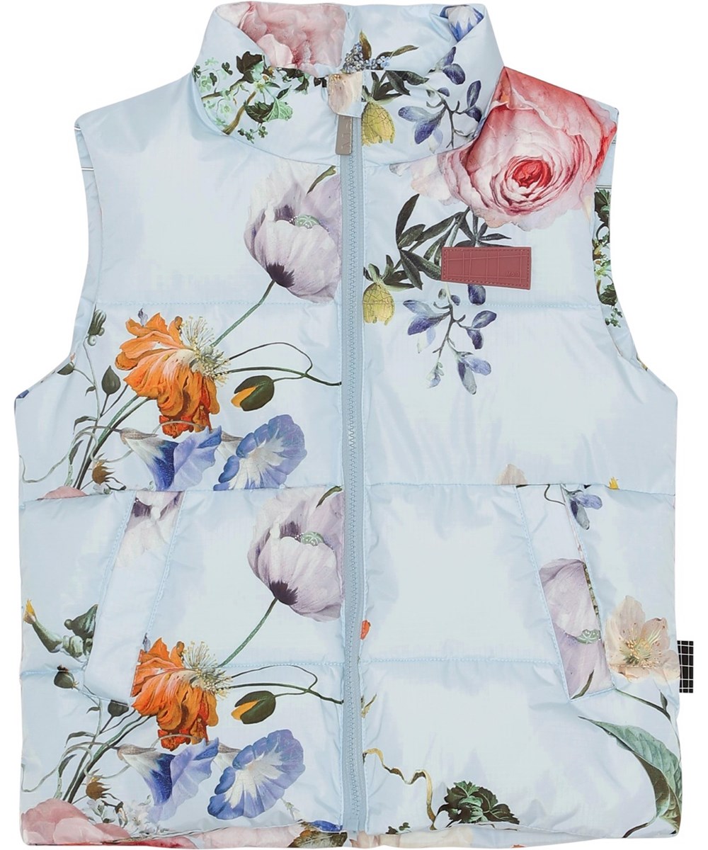 Heike - Botanic - Recycelte hellblaue Daunenweste mit Blumendruck