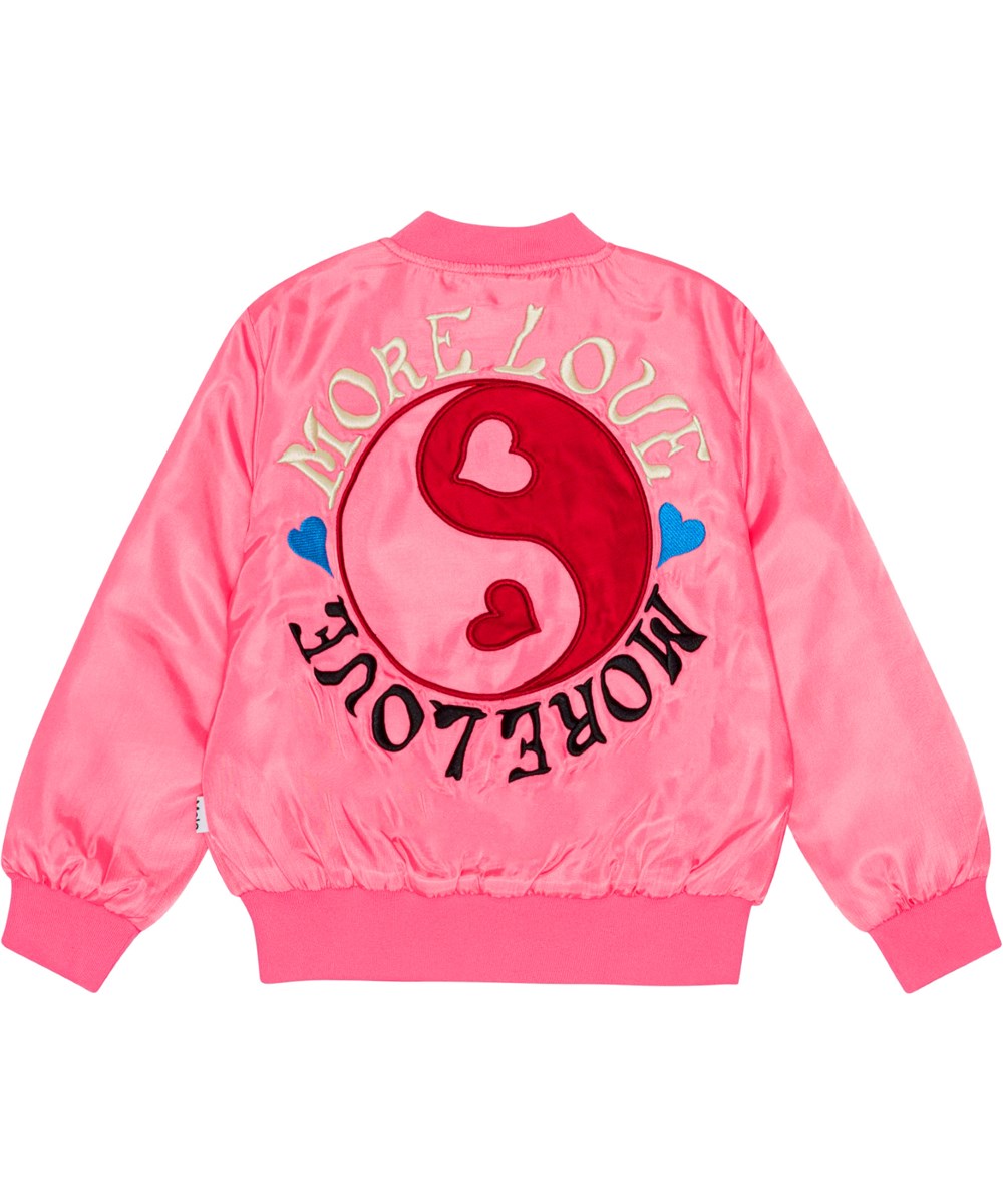 Hella - Confetti - Rosa Bomberjacke für Kinder mit aufgesticktem Peace-Zeichen.