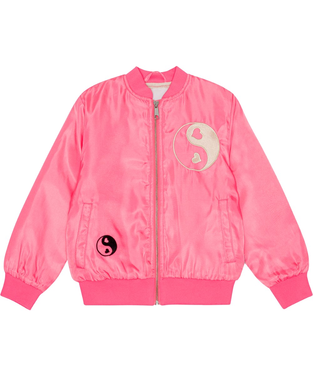 Hella - Confetti - Rosa Bomberjacke für Kinder mit aufgesticktem Peace-Zeichen.