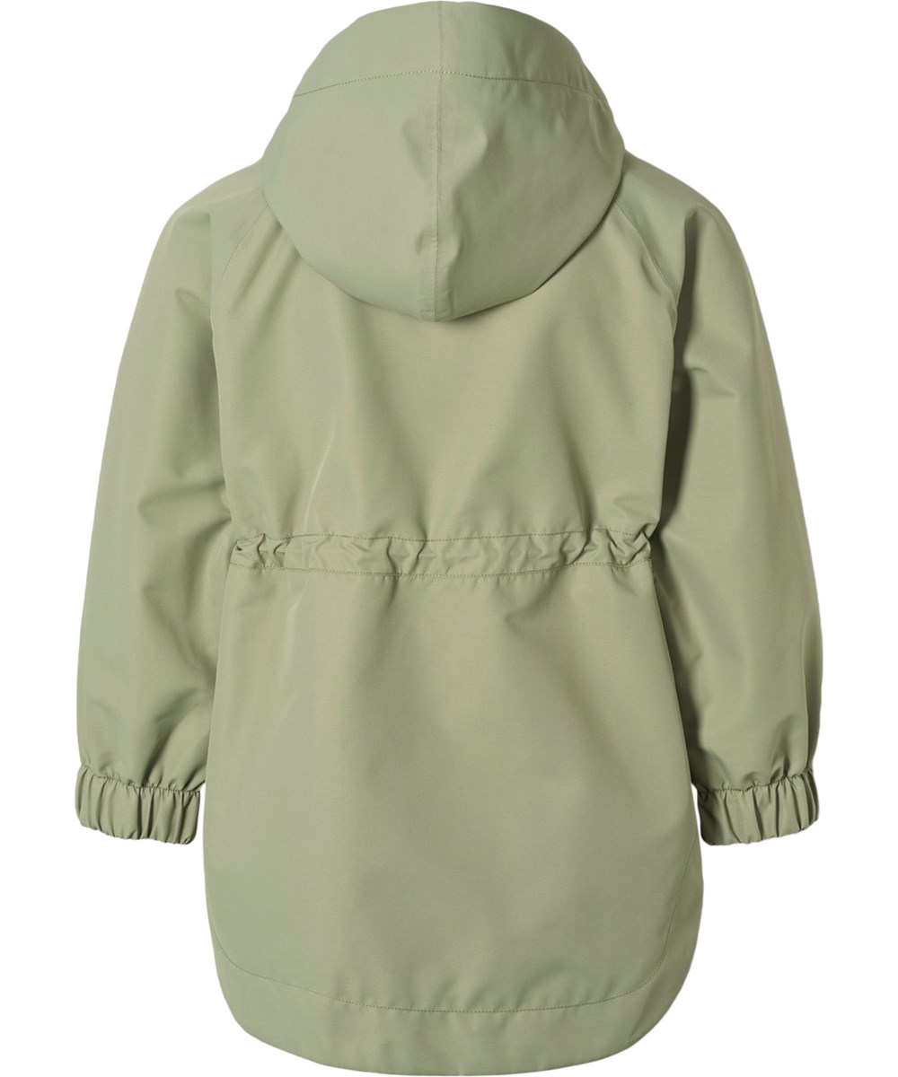 Hennah - Dusty Olive - Blaue wind- und wasserabweisende gesteppte Baumwolljacke für Kinder mit weichem Rippstrick am Hals und an den Ärmeln.