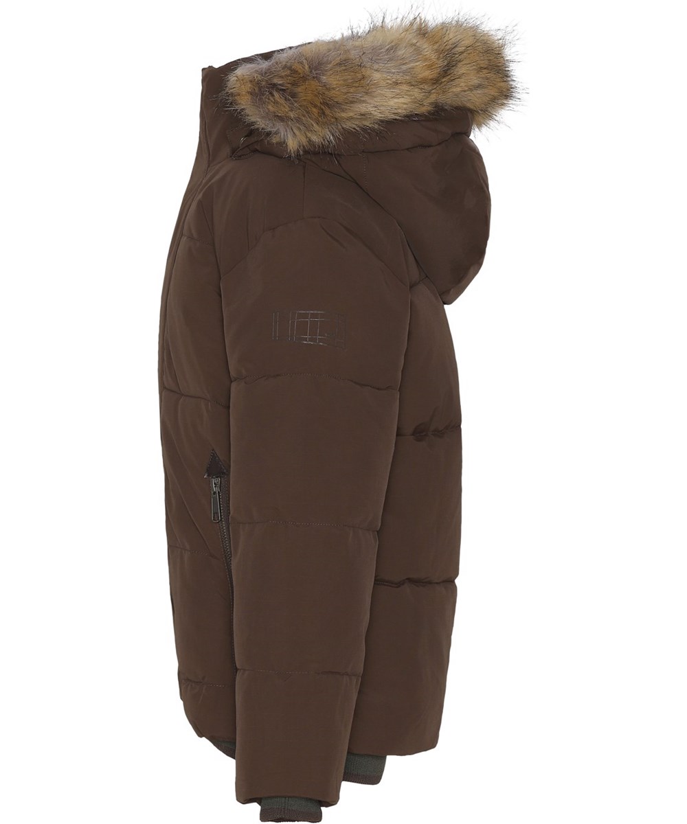 Herbert - Deep Oak - Recycelte braune Daunenjacke mit Kunstpelz