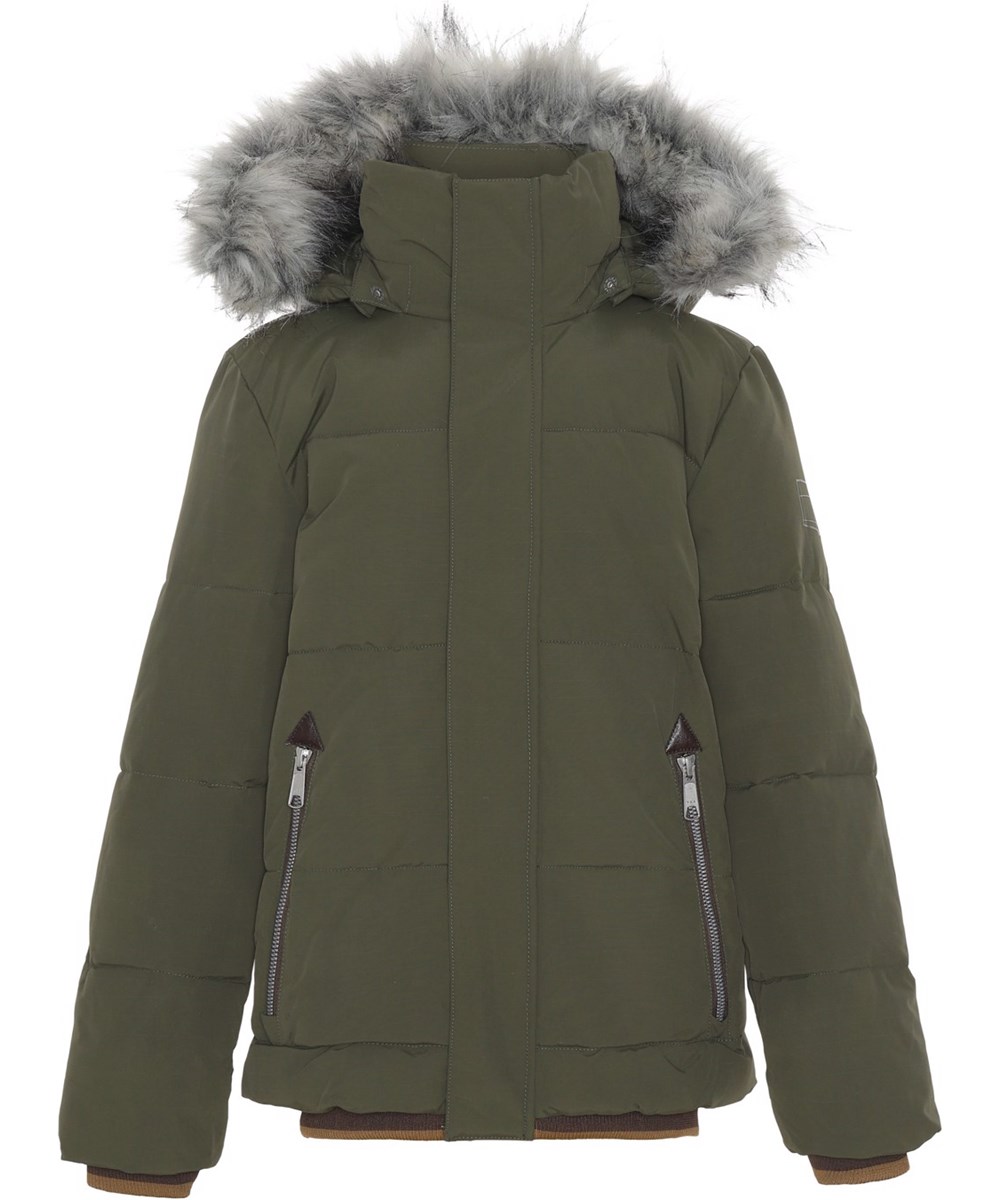 Herbert - Forest - Recycelte grüne Daunenjacke mit Kunstpelz