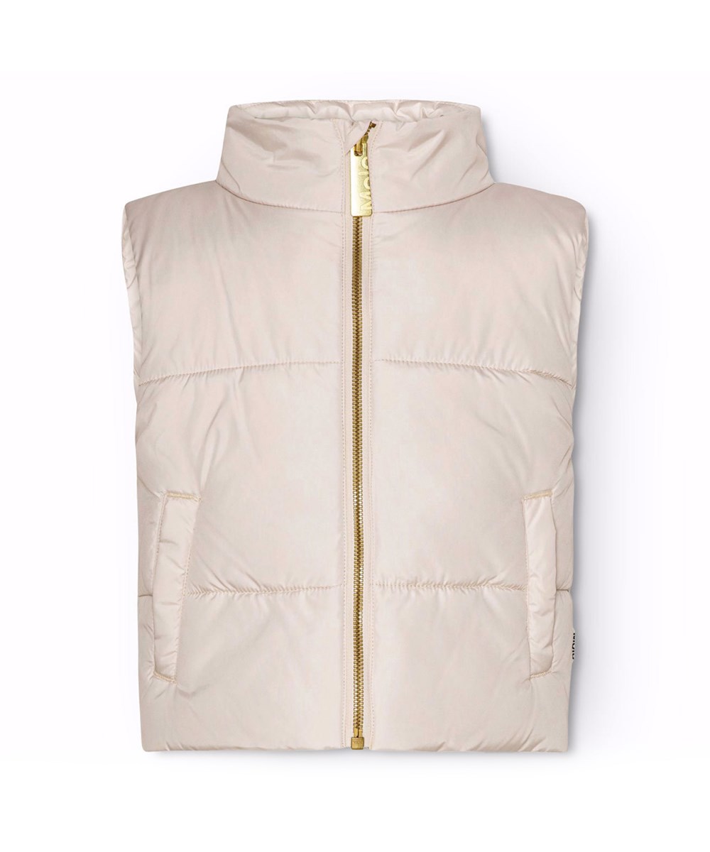 Hester - Symmetric Bloom - Pulverfarbene gesteppte Weste für Kinder aus recyceltem Polyester mit einem schönen Blumendruck auf der Rückseite.