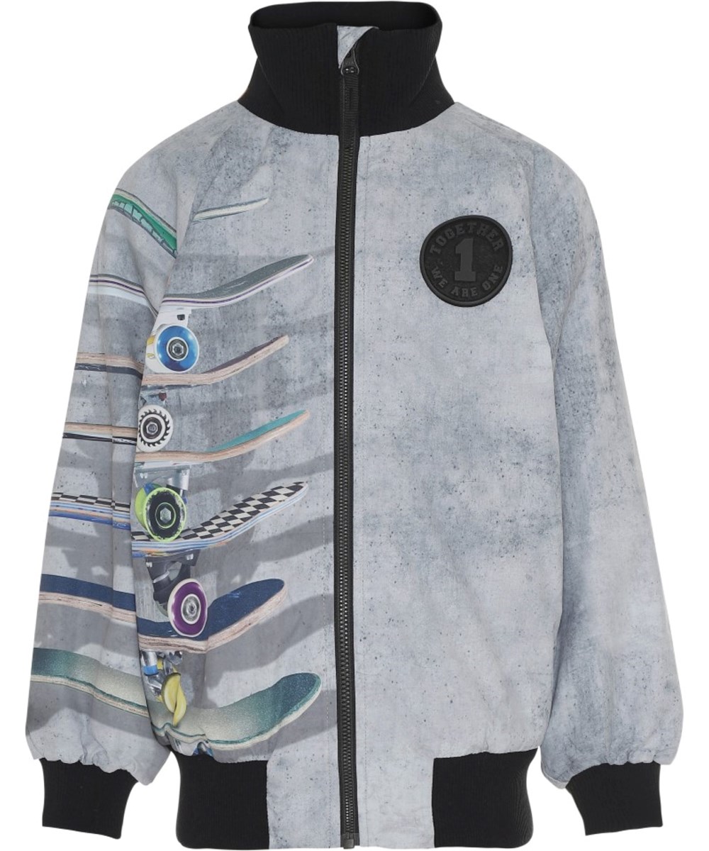 Hewson - Stacked By The Wall - Graue wasserdichte Softshell Jacke mit Skateboards