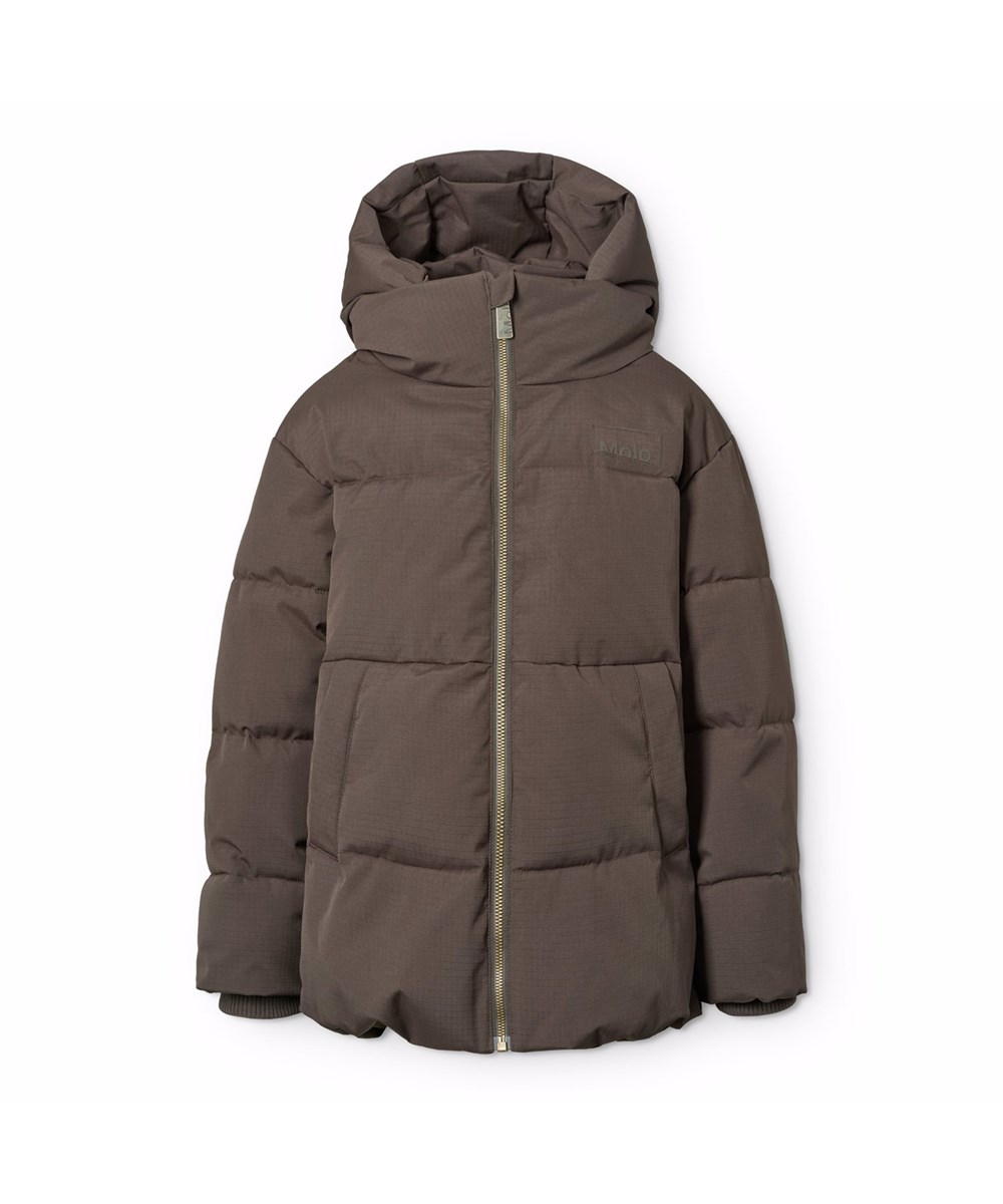 Hilo - Dark Cocoa - Warme und funktionale braune Jacke für Kinder aus recyceltem Polyester mit praktischem Reißverschluss, hohem Kragen und abnehmbarer Kapuze.