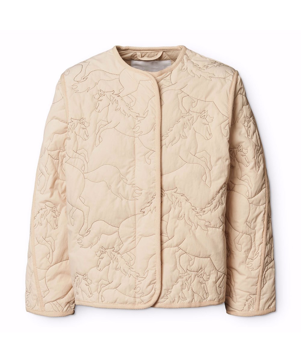 Holley - Brazilian Sand - Beige wasserabweisende Thermojacke für Kinder aus recyceltem Nylon mit einem gesteppten Muster von Pferden.