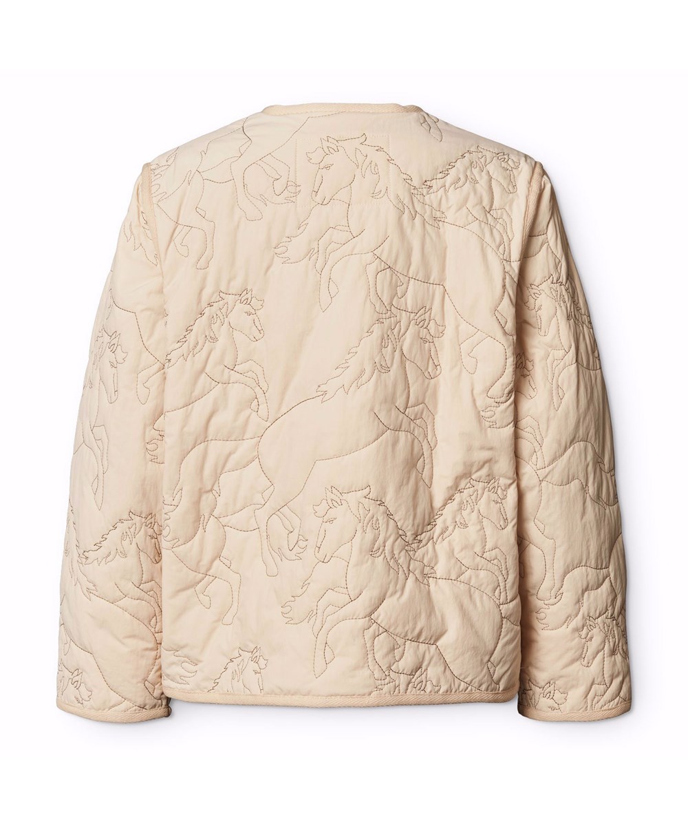 Holley - Brazilian Sand - Beige wasserabweisende Thermojacke für Kinder aus recyceltem Nylon mit einem gesteppten Muster von Pferden.