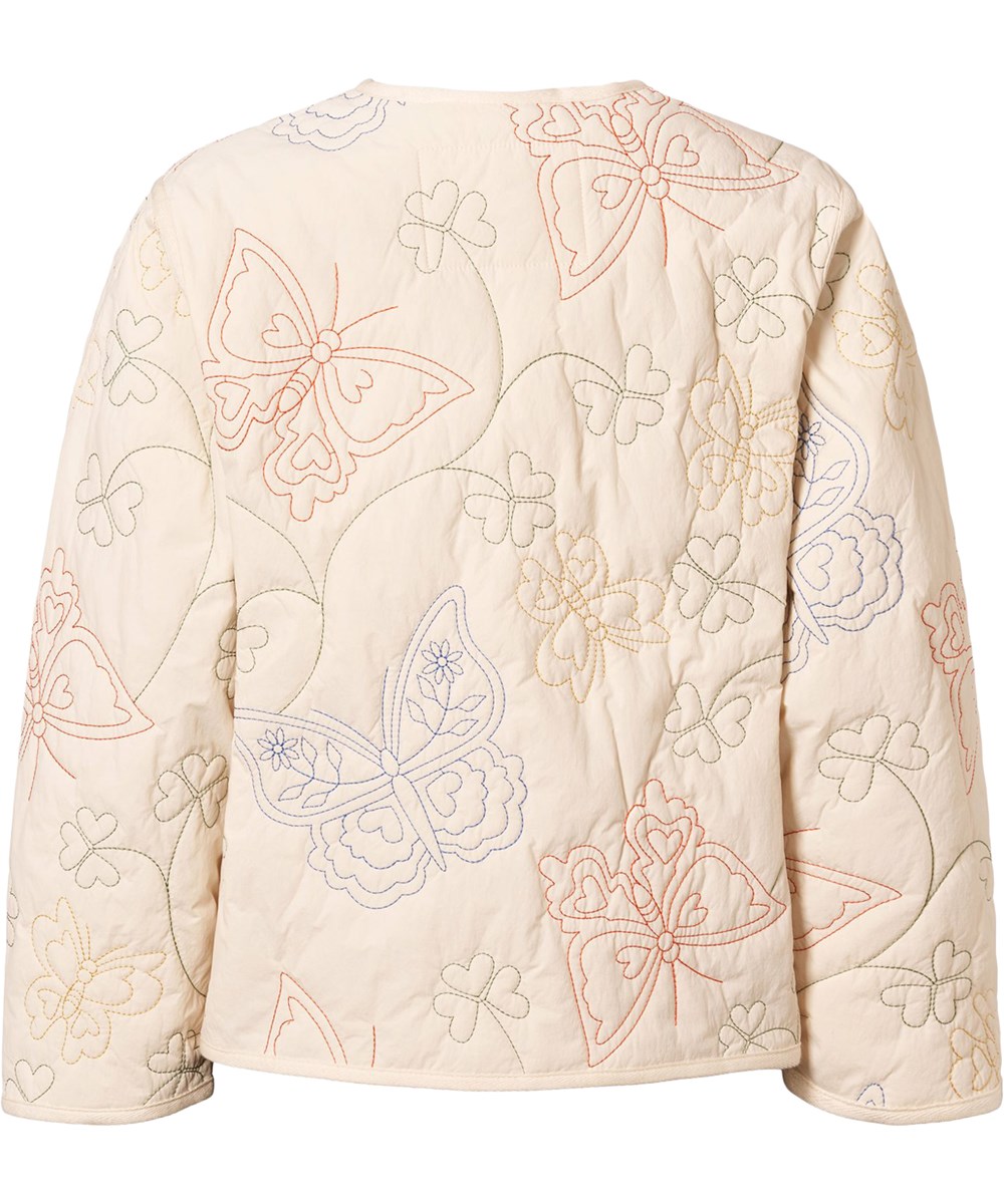 Holley - Pearled Ivory - Gesteppte Jacke für Kinder in einem hellen, cremefarbenen Ton mit gestickten Motiven von Schmetterlingen und Blumen.