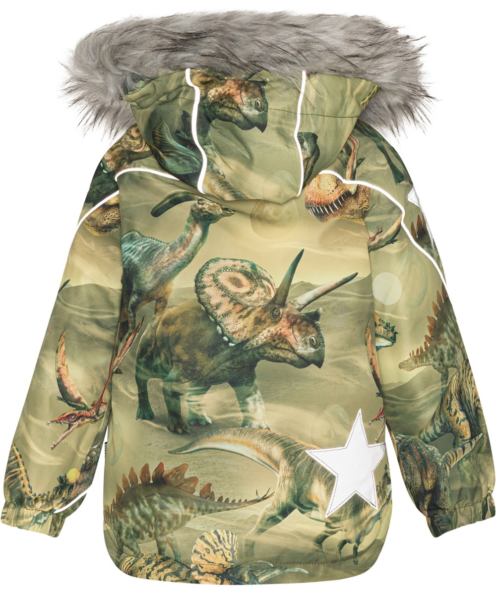 Hopla Fur - Ancient Time - Recycelte Winterjacke in Grün mit Dino-Print
