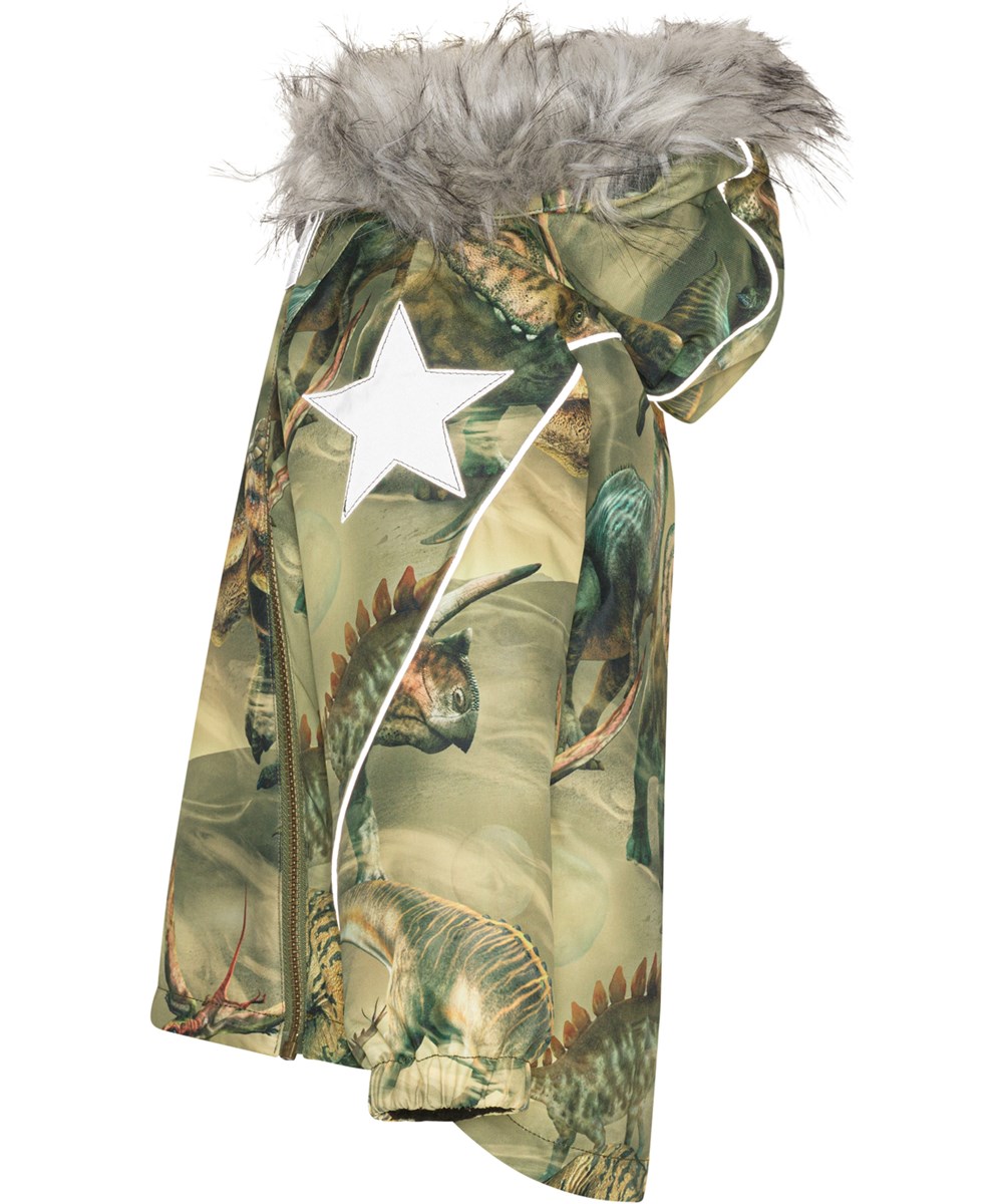 Hopla Fur - Ancient Time - Recycelte Winterjacke in Grün mit Dino-Print
