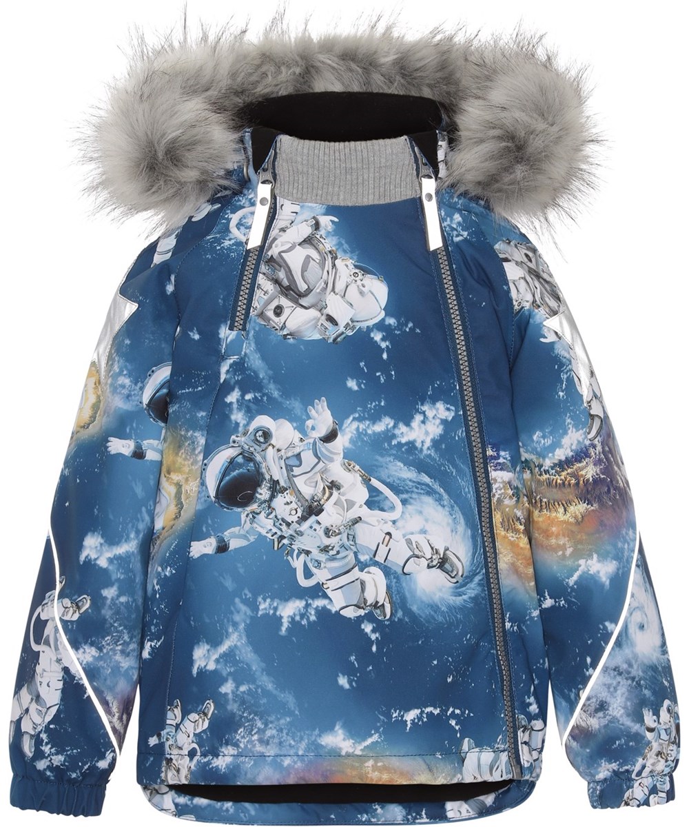 Hopla Fur - Astronauts - Recycelte blaue Winterjacke mit Astronauten-Print