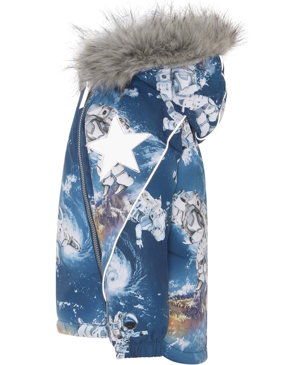 Hopla Fur - Astronauts - Recycelte blaue Winterjacke mit Astronauten-Print