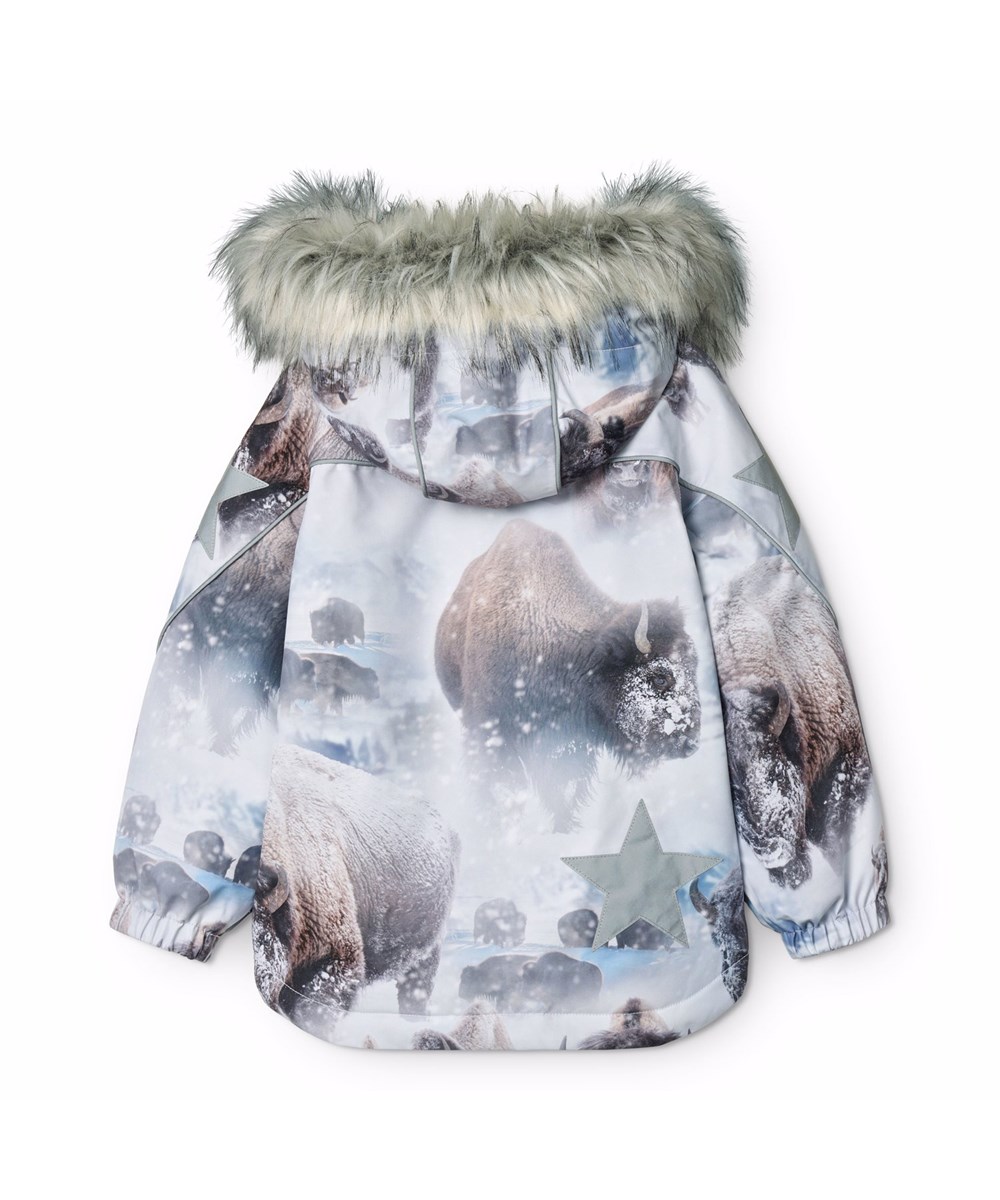 Hopla Fur - Bison - Wind- und wasserdichte Winterjacke für Kinder aus recyceltem Polyester mit einem Druck von Bisons in einer Schneelandschaft und gefüttert mit 3M™ Thinsulate™.
