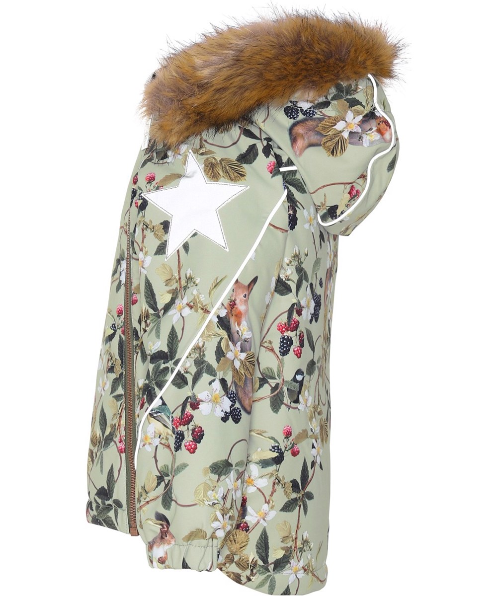 Hopla Fur - Forest Life - Recycelte grüne Winterjacke mit Blumen- und Beerendruck