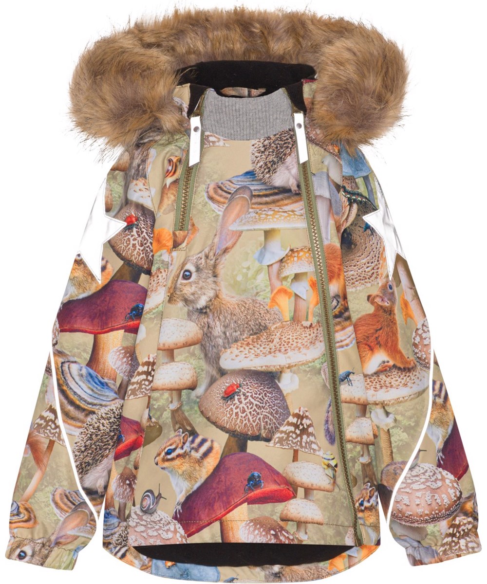 Hopla Fur - Fungi Habitat - Recycelte Winterjacke mit Pilz- und Tierdruck