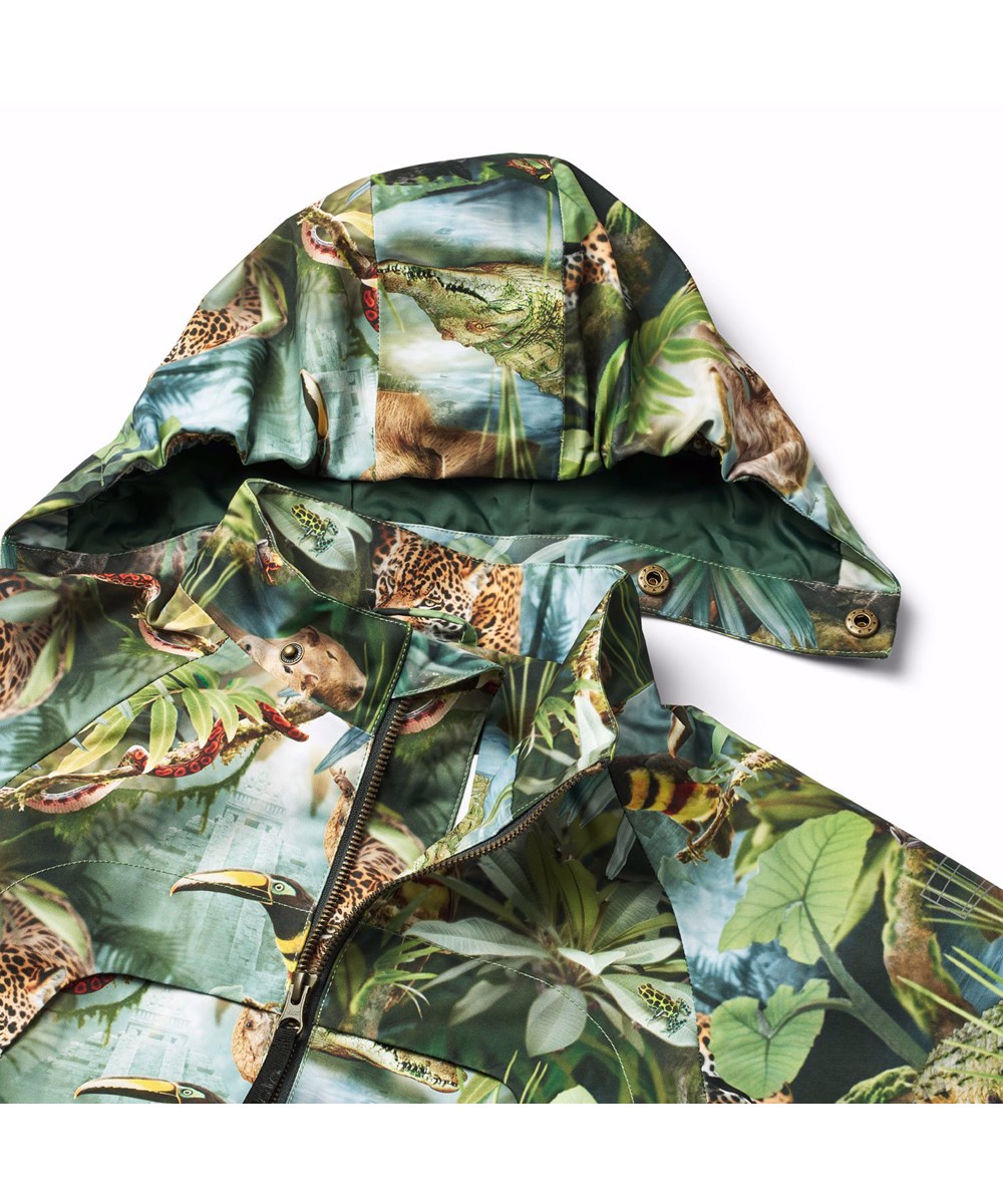 Hoplas - Jungle Life - Grüne wind- und wasserdichte Jacke für Kinder aus recyceltem Polyester mit einem bunten All-Over-Druck der Tiere im Dschungel.