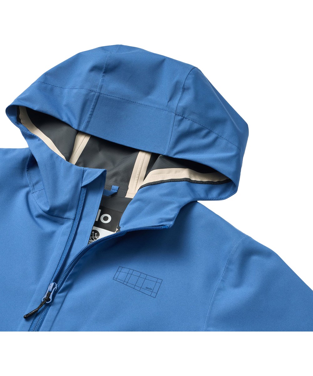 Horizon - Swell Blue - Blaue wind- und wasserdichte Kinderjacke mit Kapuze und laminiertem Innenfutter aus recyceltem Polyester.