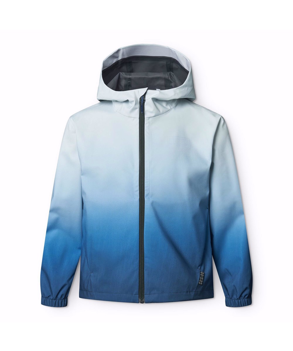 Horizon - Fade Blue - Wind- und wasserdichte Jacke für Kinder aus recyceltem Polyester mit einer Kapuze in blauen Farbverläufen.