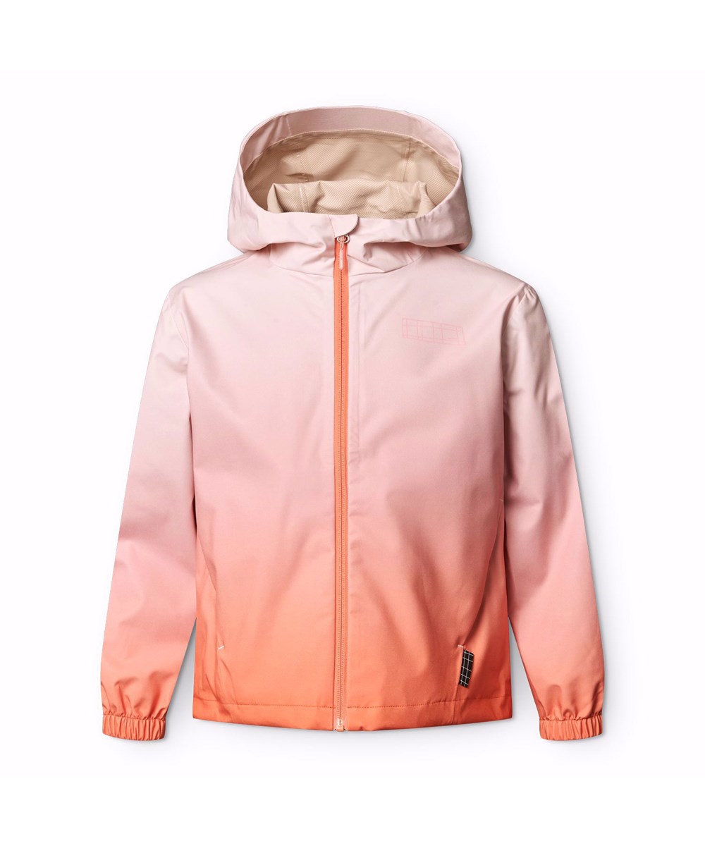 Horizon - Fade Pink - Wind- und wasserdichte Jacke für Kinder aus recyceltem Polyester mit einer Kapuze in pink und orange verlaufenden Farben.