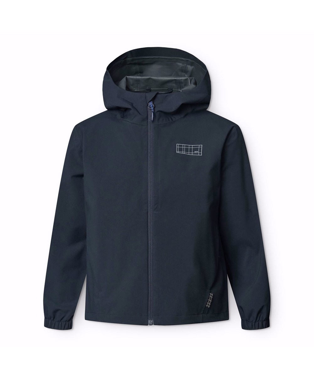 Horizon - Mood Blue - Dunkelblaue wind- und wasserdichte Jacke für Kinder aus recyceltem Polyester mit Kapuze.