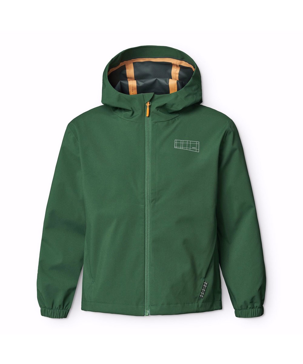 Horizon - Rubber Tree - Grüne wind- und wasserdichte Jacke für Kinder aus recyceltem Polyester mit Kapuze.