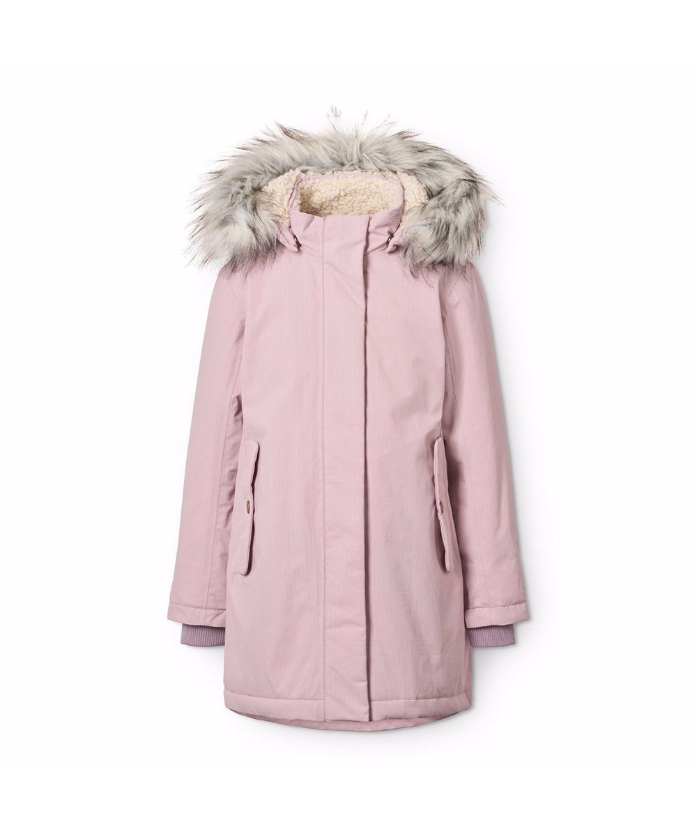 Peace - Blue Pink - Wind- und wasserdichte rosa Jacke für Kinder aus recyceltem Nylon mit praktischem Reißverschluss, hohem Kragen und abnehmbarer Kapuze mit Kunstpelzbesatz.