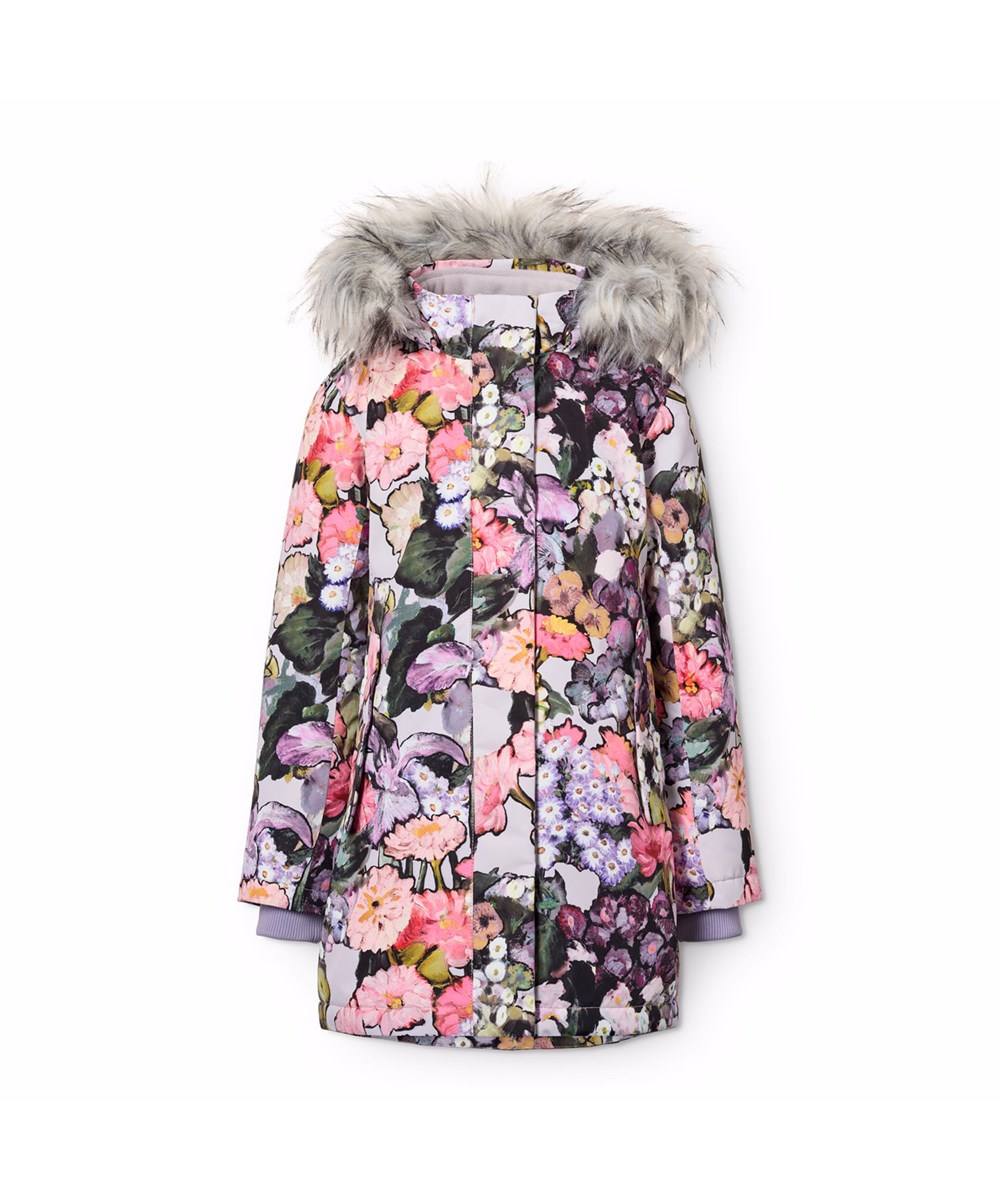 Peace - Flower Art - Wind- und wasserdichte Blumenjacke für Kinder aus recyceltem Nylon mit praktischem Reißverschluss, hohem Kragen und abnehmbarer Kapuze mit Kunstpelzbesatz.