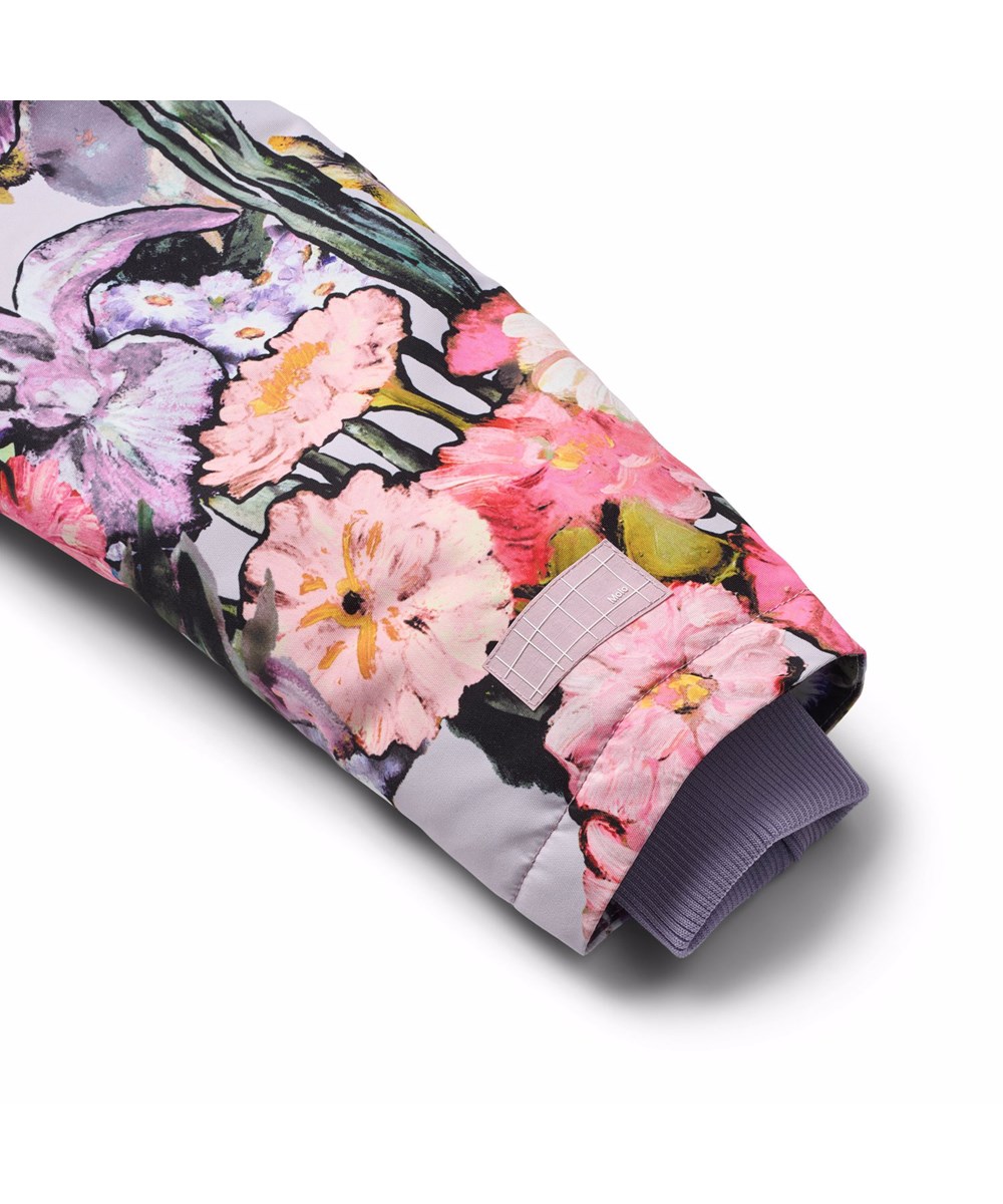 Peace - Flower Art - Wind- und wasserdichte Blumenjacke für Kinder aus recyceltem Nylon mit praktischem Reißverschluss, hohem Kragen und abnehmbarer Kapuze mit Kunstpelzbesatz.