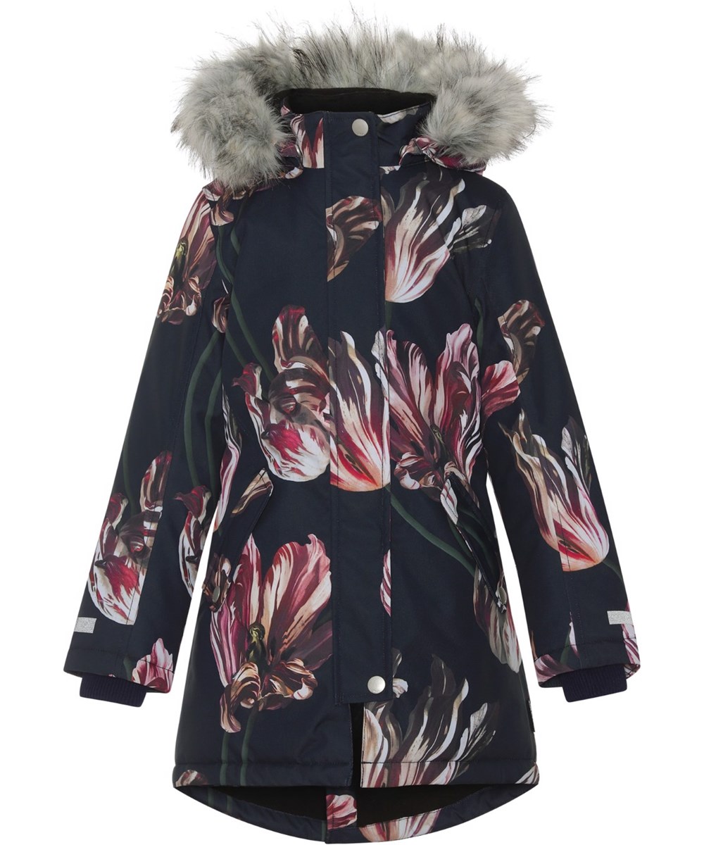 Peace - Tulips - Recycelte Skijacke mit Fell und Tulpen