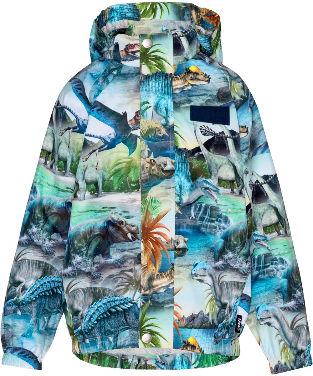 Waiton - Dino Fantastic - Grün-blaue Regenjacke aus atmungsaktivem Material mit Dinosaurier-Print.