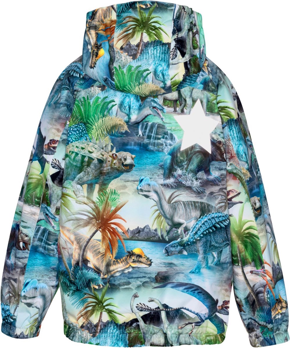 Waiton - Dino Fantastic - Grün-blaue Regenjacke aus atmungsaktivem Material mit Dinosaurier-Print.
