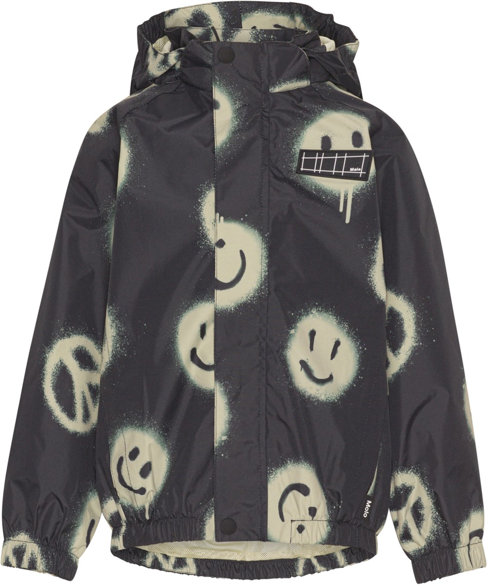 Waiton - Happy Peace - Schwarze Regenjacke mit gelbem Smiley-Print