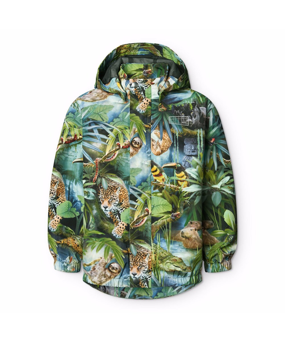 Waiton - Jungle Life - Grüner wind- und wasserdichter Regenmantel für Kinder aus recyceltem Polyester mit abnehmbarer Kapuze.
