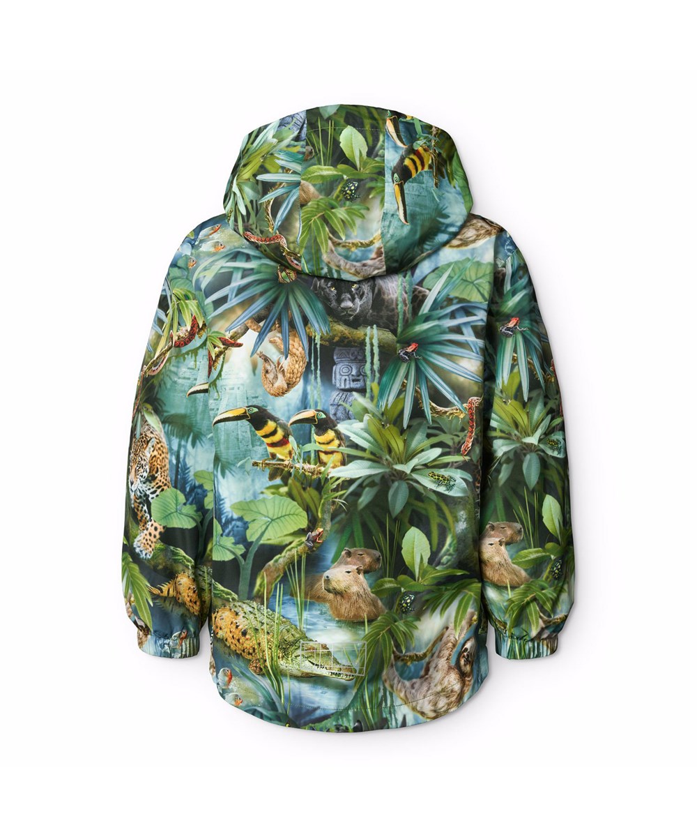 Waiton - Jungle Life - Grüner wind- und wasserdichter Regenmantel für Kinder aus recyceltem Polyester mit abnehmbarer Kapuze.