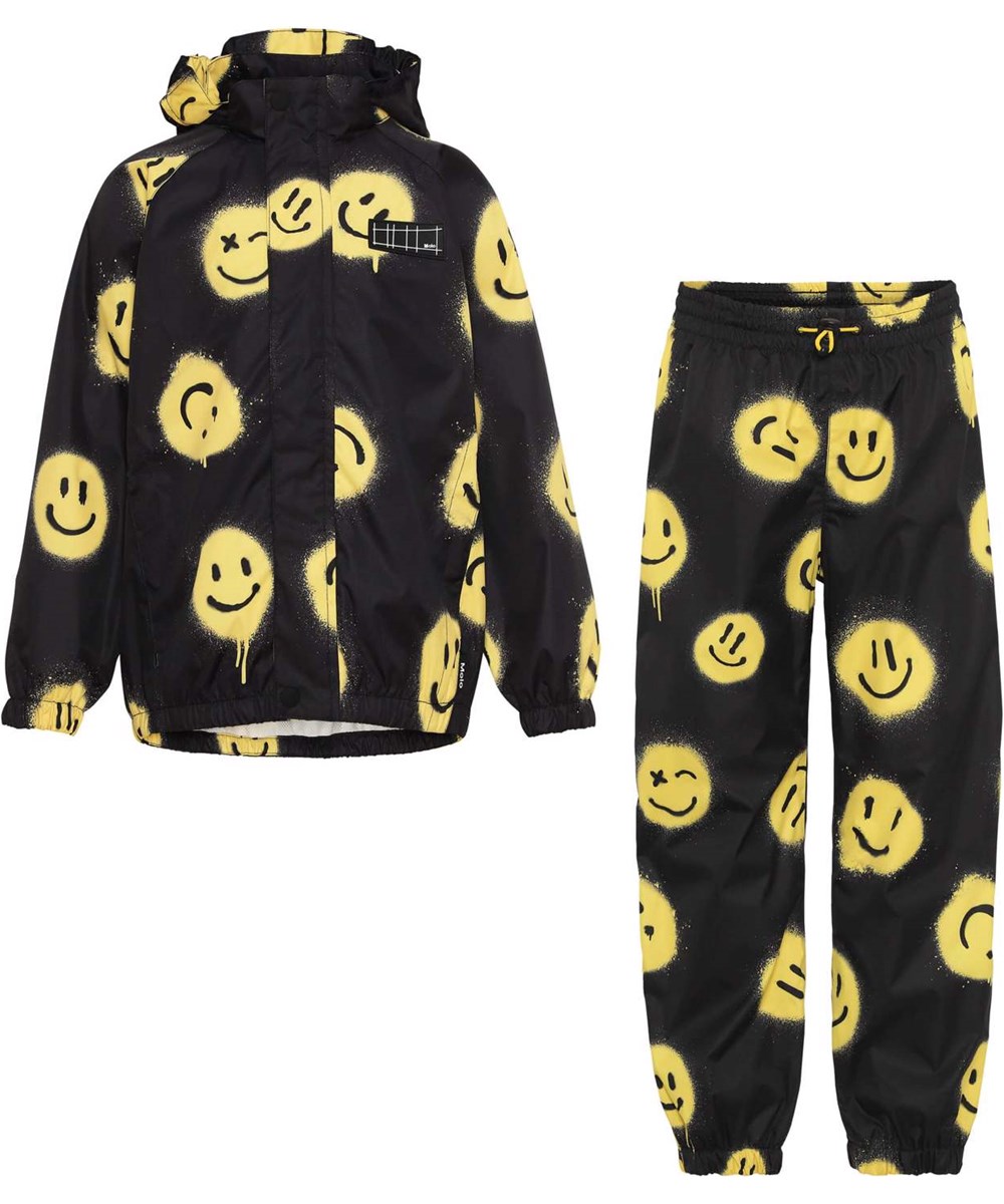 Whalley - Happy! - Leichtes und atmungsaktives Regenset in Schwarz mit Smiley-Print